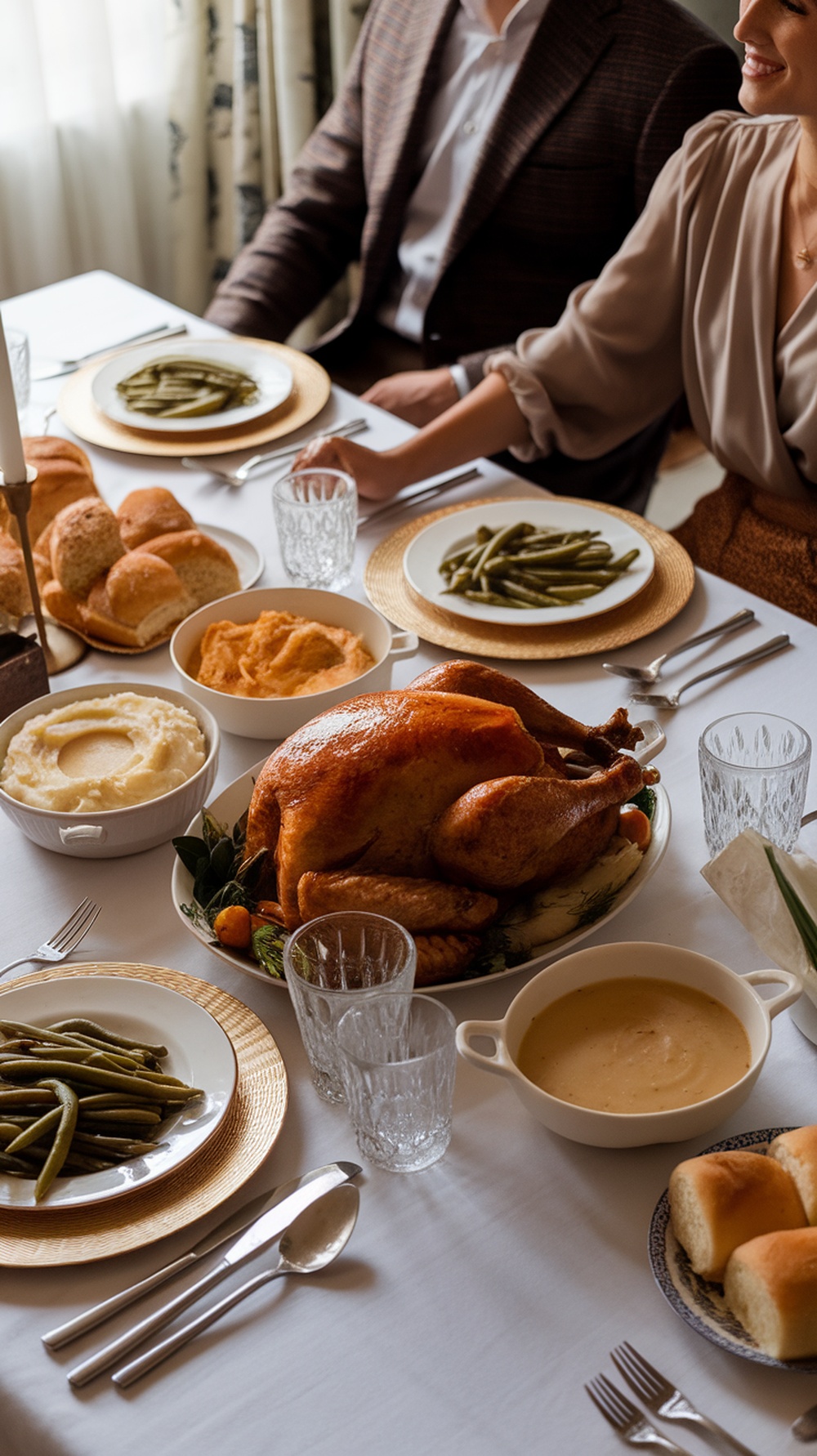 A beautifully set Thanksgiving table with a roasted turkey, side dishes, and two people enjoying the meal.
