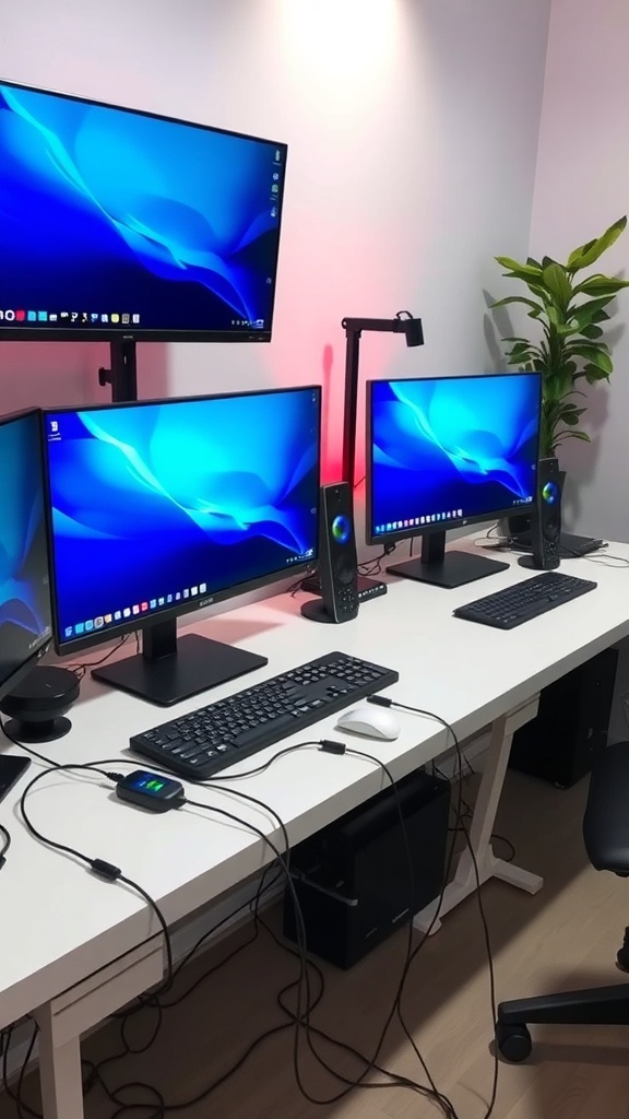 A modern tech-friendly workstation featuring multiple monitors, a tablet stand, and a clean desk setup.
