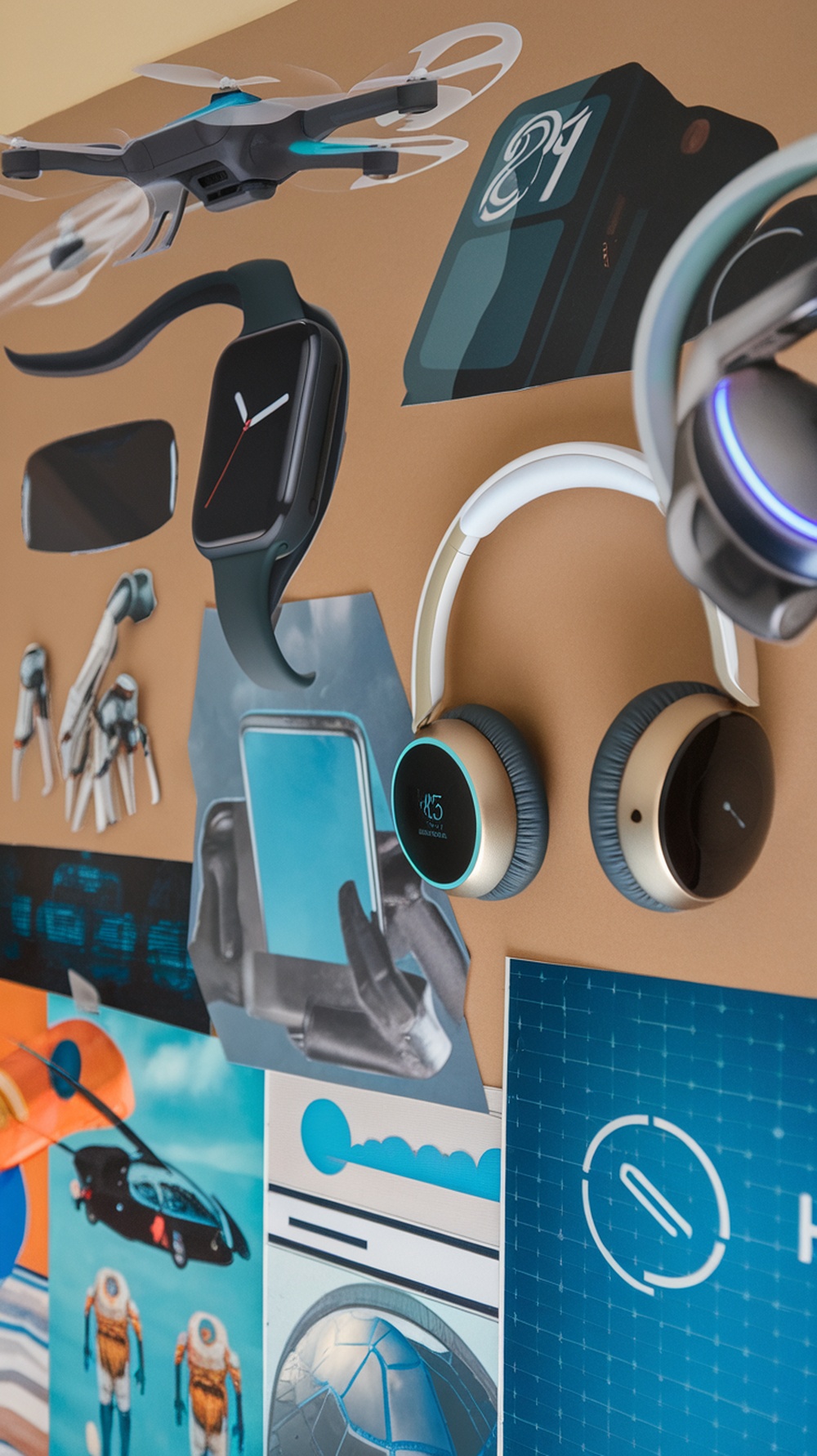 A vision board featuring futuristic gadgets like a drone, smartwatches, and headphones.