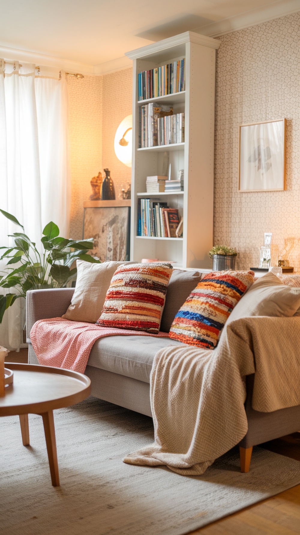 A cozy living room with a sofa featuring colorful striped pillows and soft throws, creating a warm atmosphere.