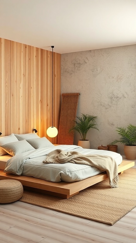 A cozy Japandi bedroom featuring textured wooden walls, soft linens, and woven wall hangings.