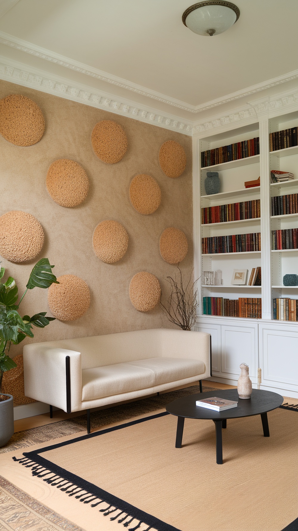 A cozy living room featuring a textured wall with circular elements, a light-colored sofa, and a round coffee table.