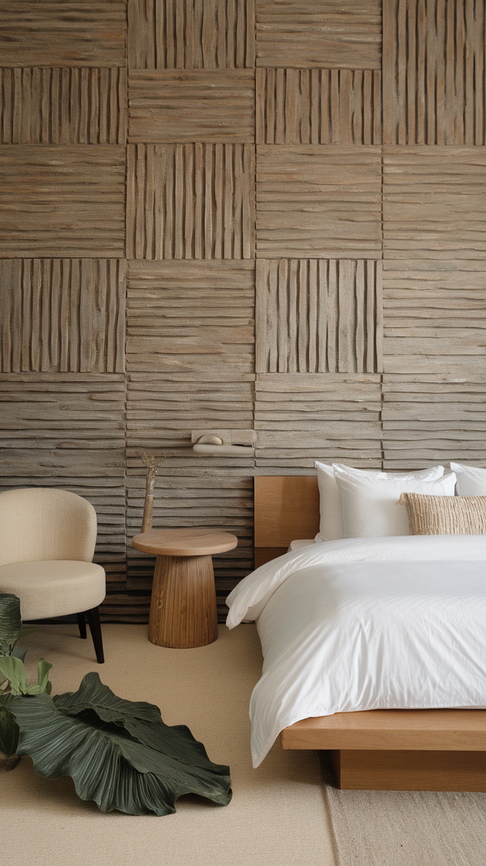 A Japandi style bedroom featuring a textured wall treatment with natural tones and wooden furniture.