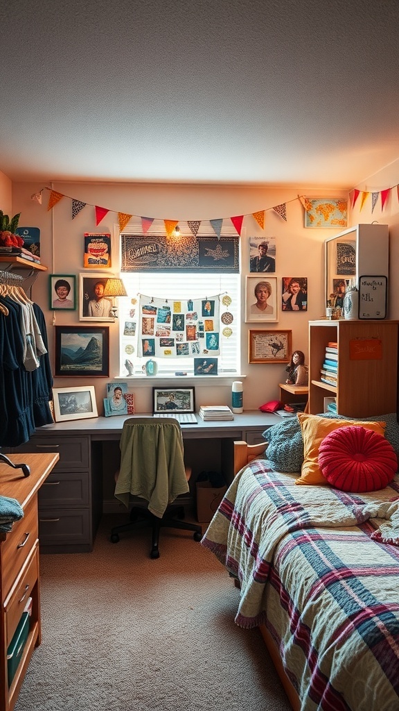 A cozy dorm room with personal decor, including photos, art, and colorful bedding.