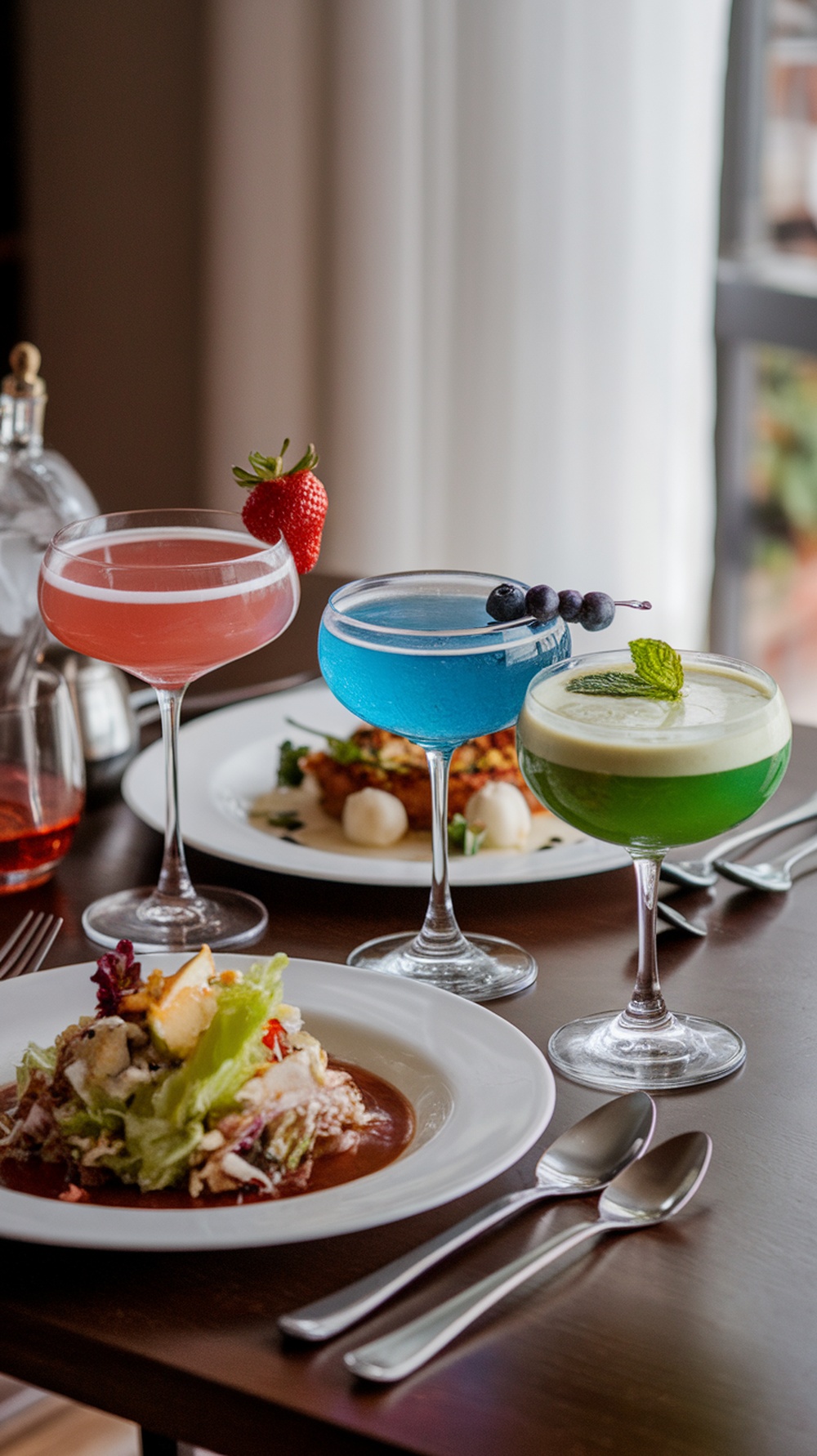 A table set with four colorful cocktails and a salad, showcasing themed holiday drinks.