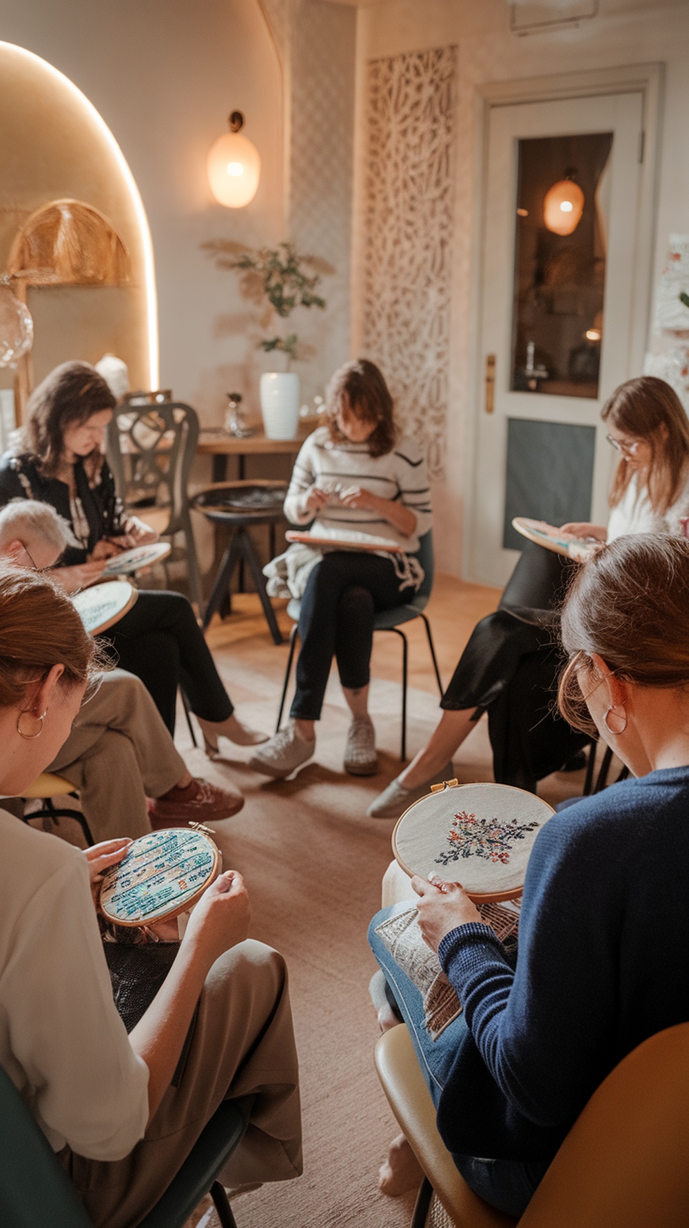 A group of people sitting in a cozy room, focused on their embroidery projects, creating a warm and supportive atmosphere.
