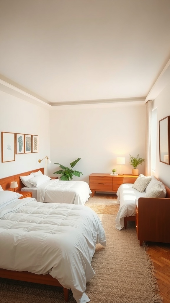 Cozy bedroom with two beds, wooden furniture, and plants
