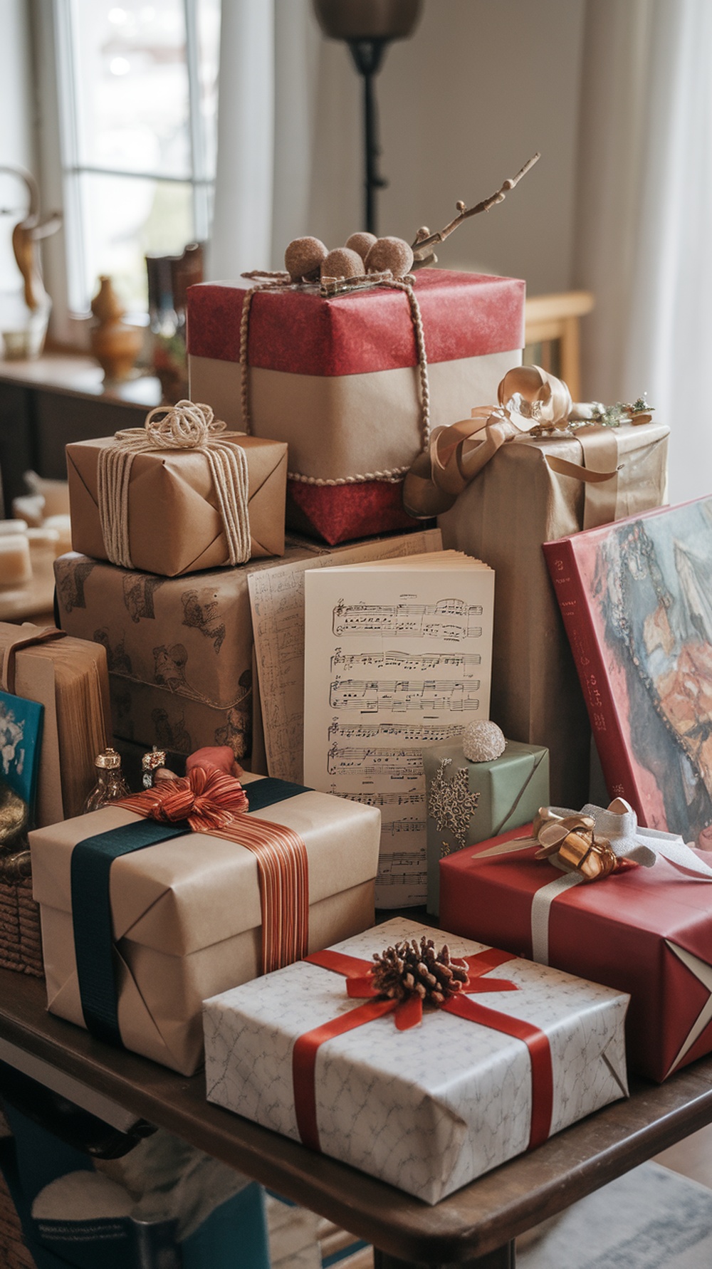 A collection of beautifully wrapped gifts in various colors and styles, showcasing creative gift wrapping ideas.