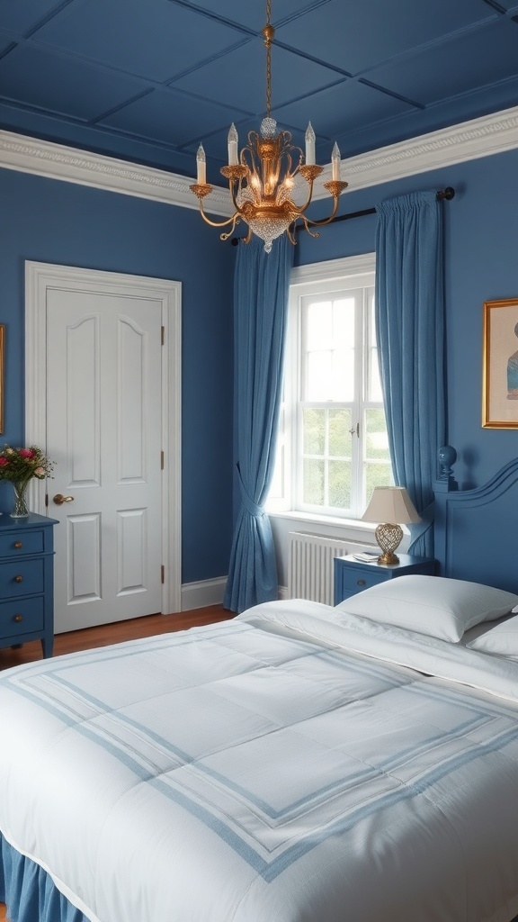 A serene blue and white bedroom featuring rich blue walls, white bedding, and elegant decor.