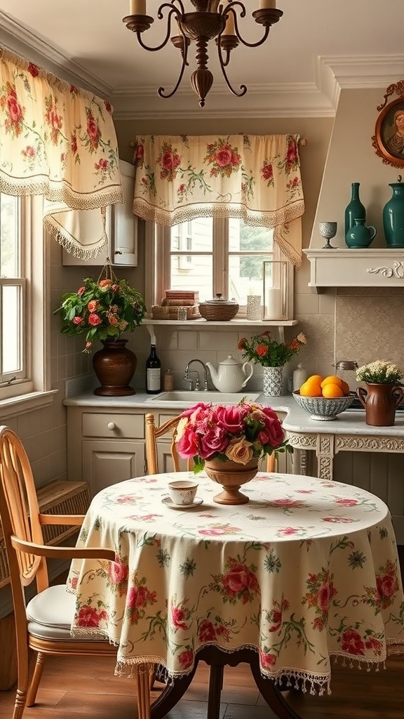 A Victorian kitchen featuring floral curtains, a floral tablecloth, and a vase of flowers on the table.