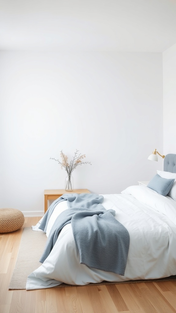 A tranquil bedroom featuring a blue blanket on a white bed, a wooden nightstand, and a vase with dried flowers.