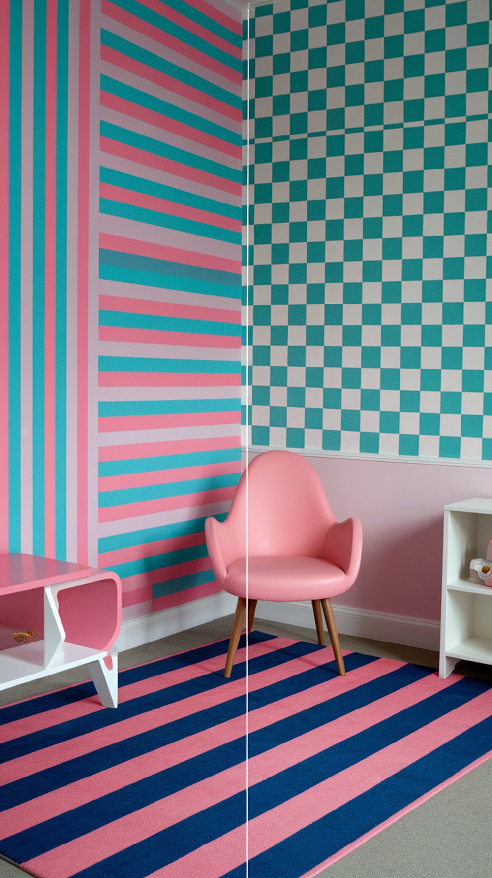 A room featuring removable wallpaper with colorful stripes and a checkered pattern.