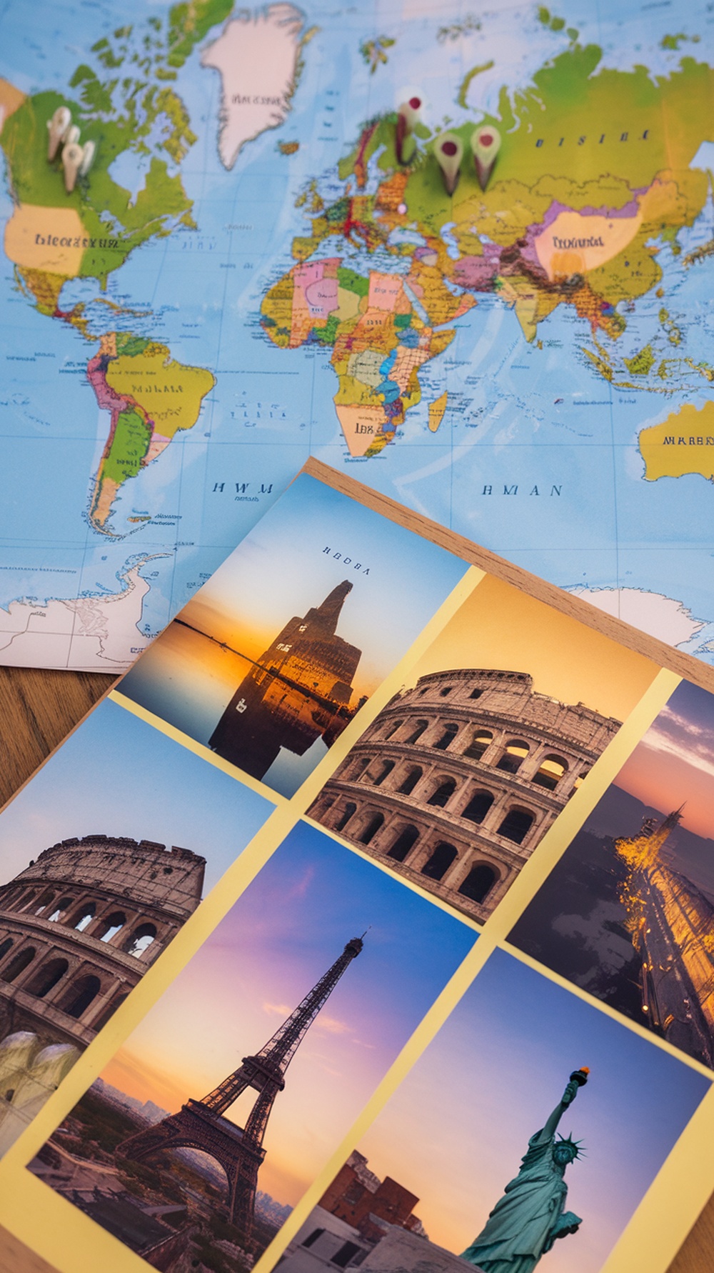 A colorful world map with pins marking destinations, accompanied by photos of famous landmarks.