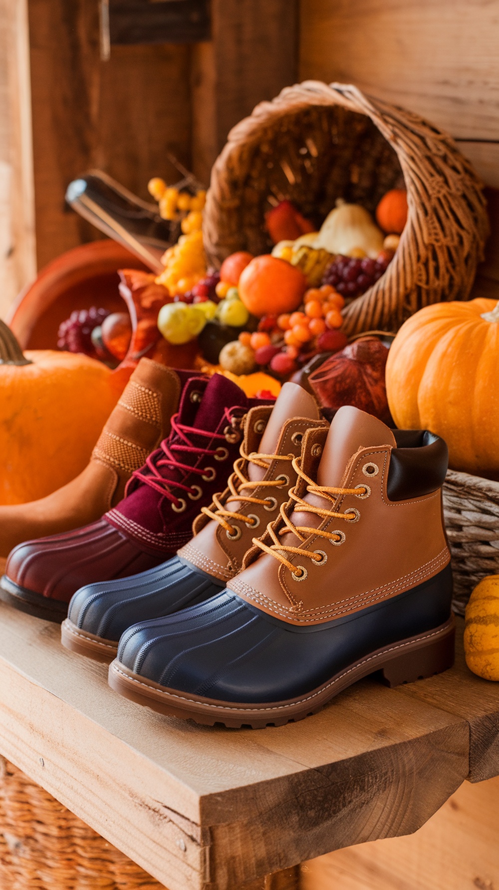 A selection of trendy boots in various colors, displayed with autumn decorations like pumpkins and fruits.
