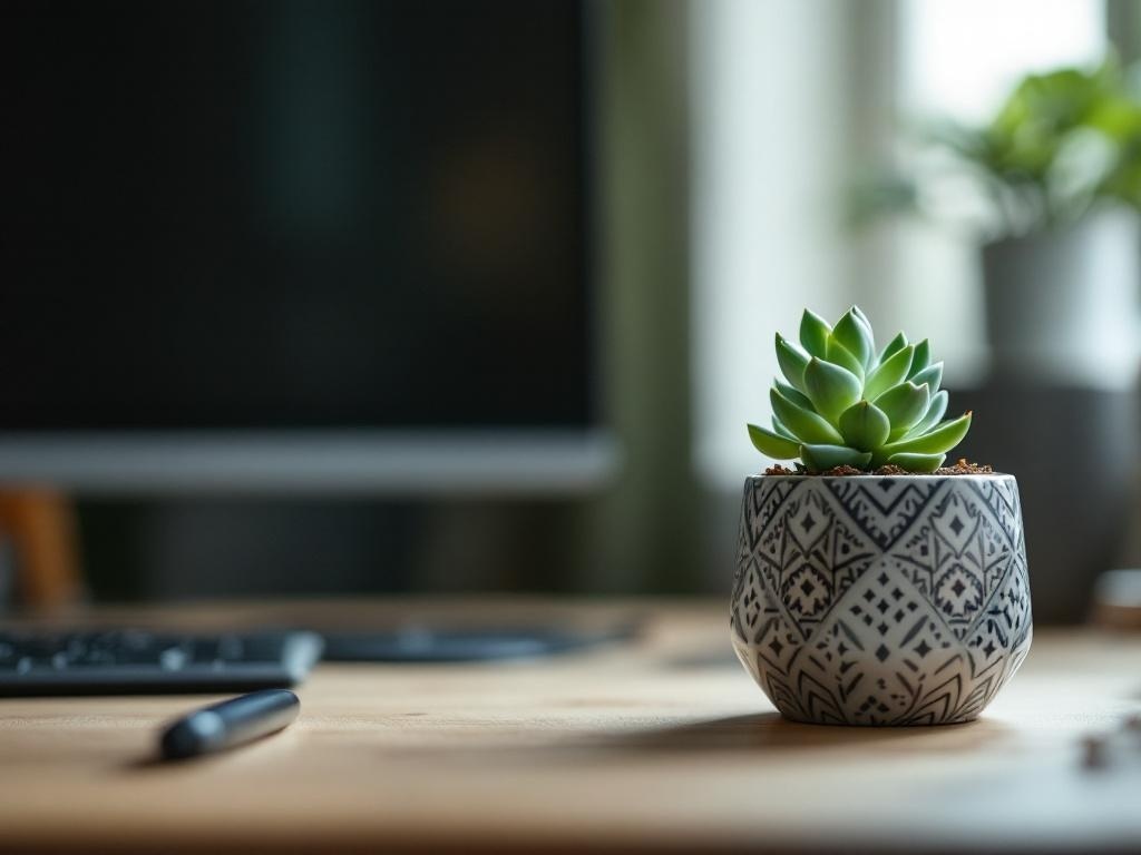 A succulent plant in a decorative pot on a desk with a computer and keyboard in the background.