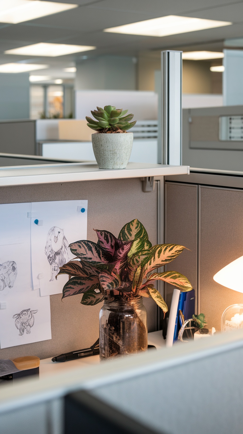 A desk with a succulent plant in a pot and a colorful plant in a jar, surrounded by sketches and a lamp.
