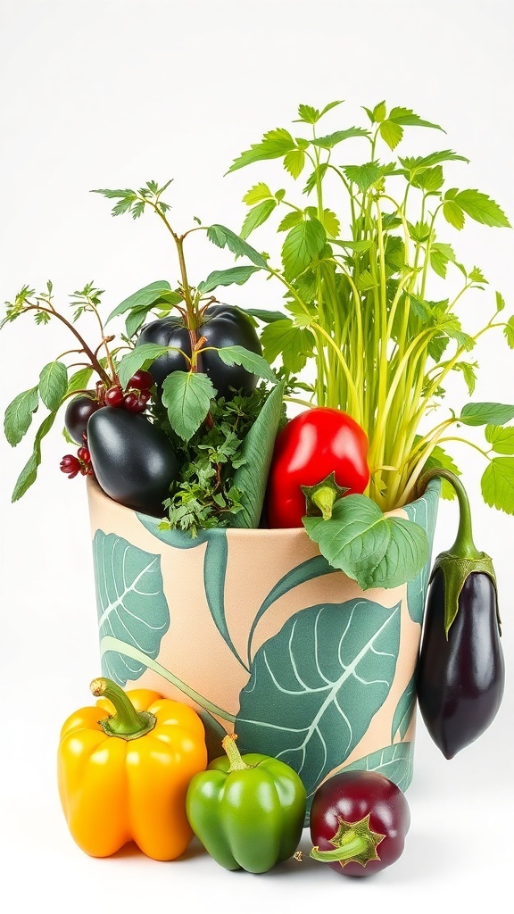 A colorful container filled with various herbs and vegetables, including bell peppers and eggplants.