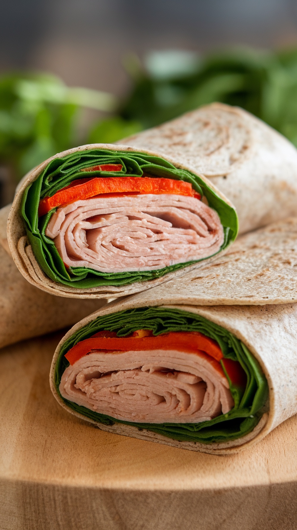 Turkey and spinach wraps with red peppers, sliced and displayed on a wooden board.