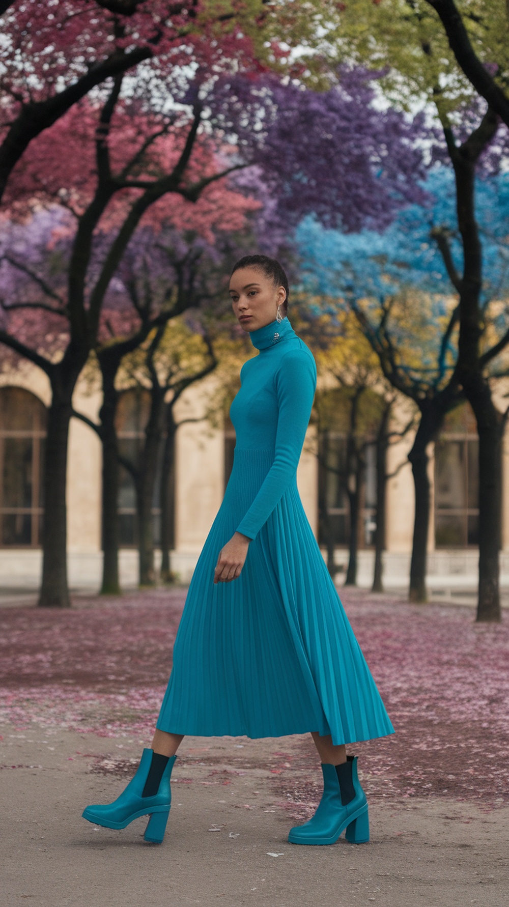 A model wearing a blue turtleneck dress and ankle boots, walking through a colorful autumn landscape.