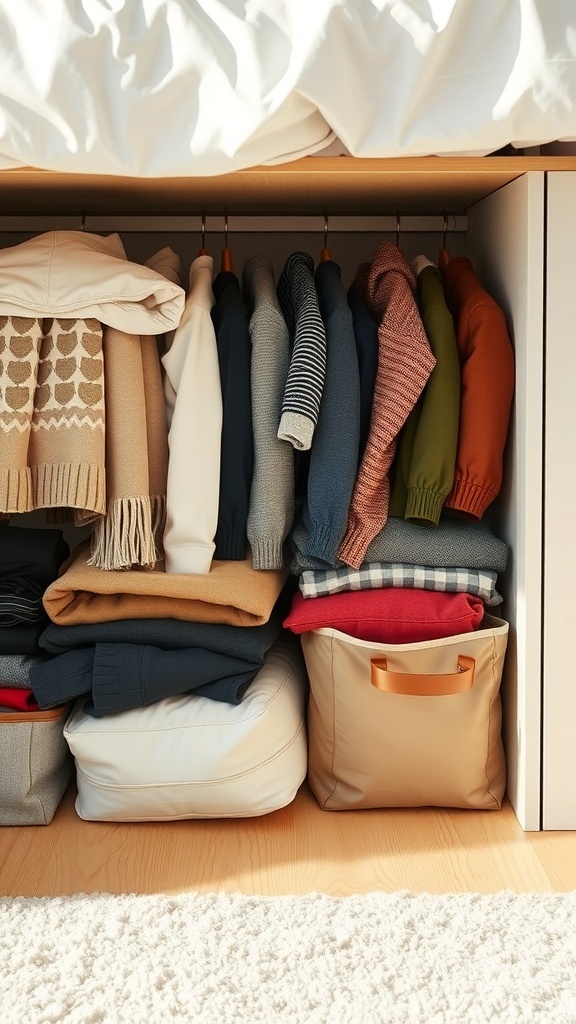Organized under-bed storage with sweaters and jackets neatly arranged