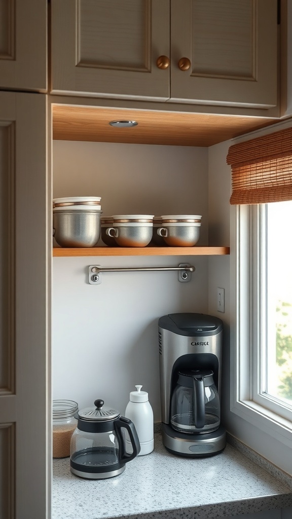 A cozy under-cabinet coffee nook featuring a coffee maker, glass carafe, and storage jars.