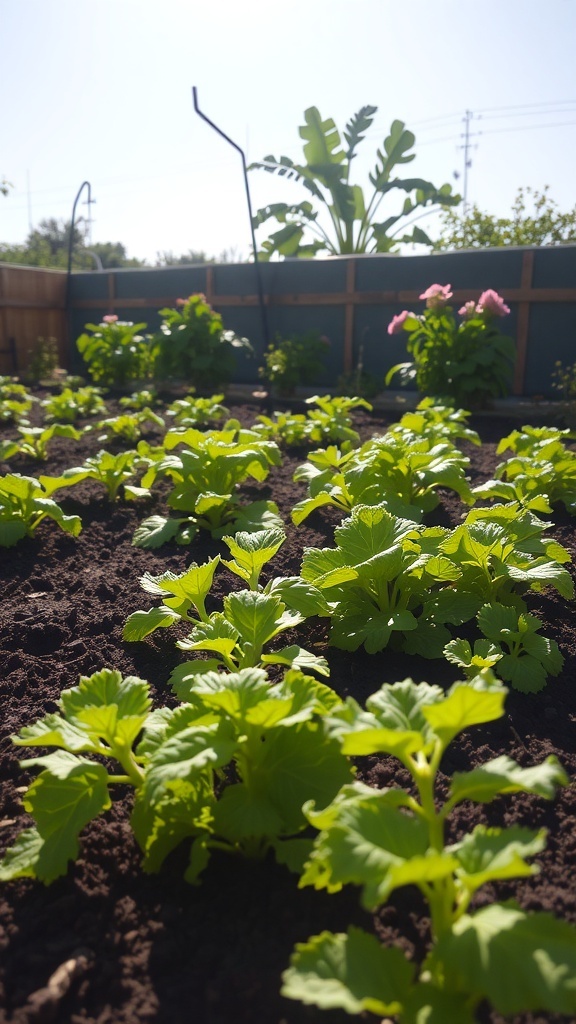 A sunny garden with young green plants growing in rich soil.