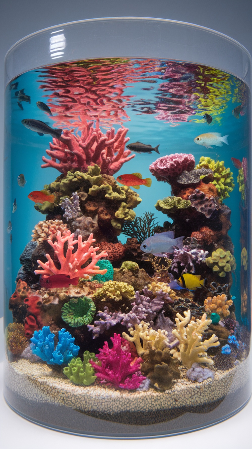 A vibrant miniature coral reef diorama with colorful corals and small fish