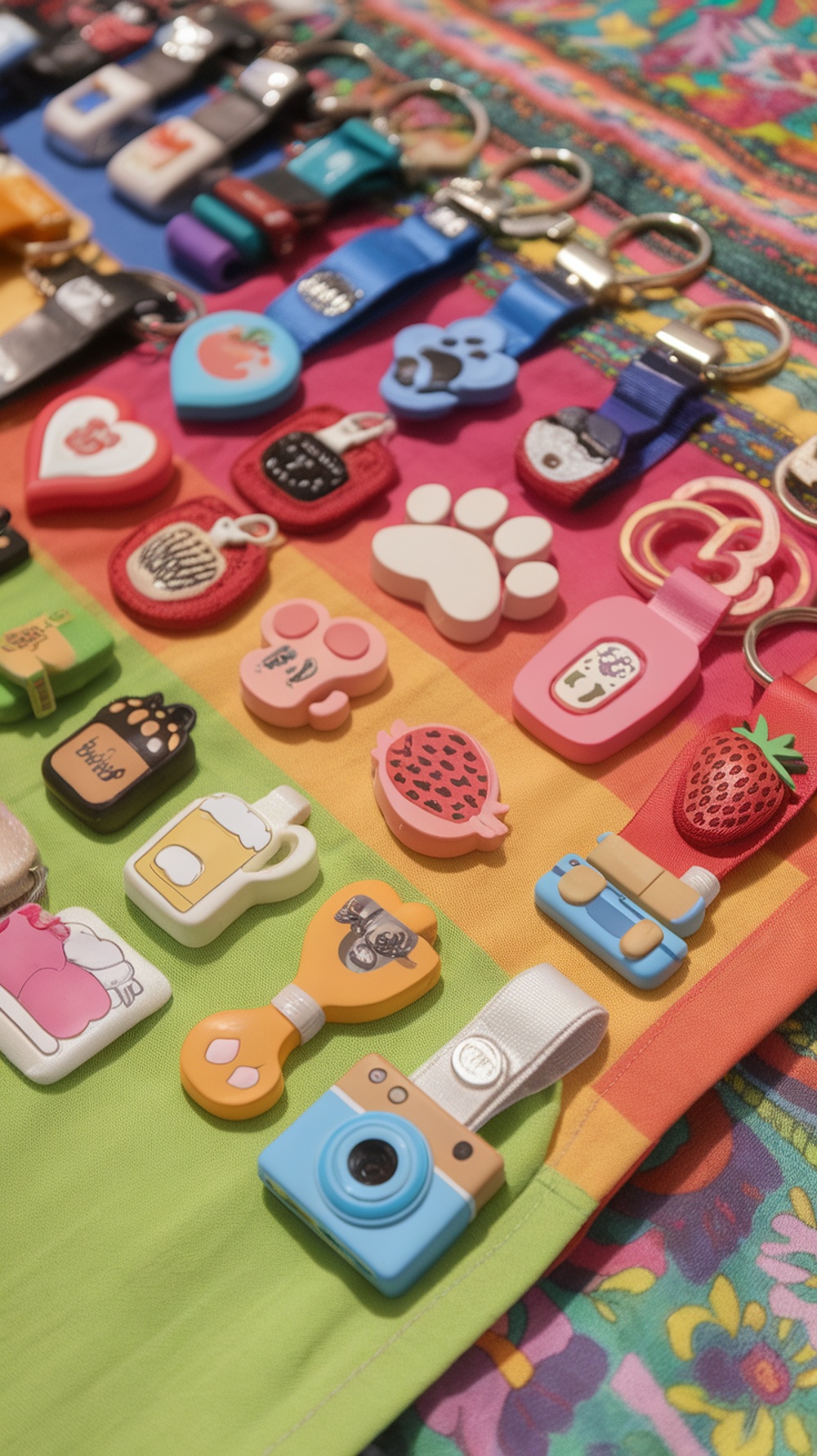A colorful display of unique keychains in various shapes and designs.