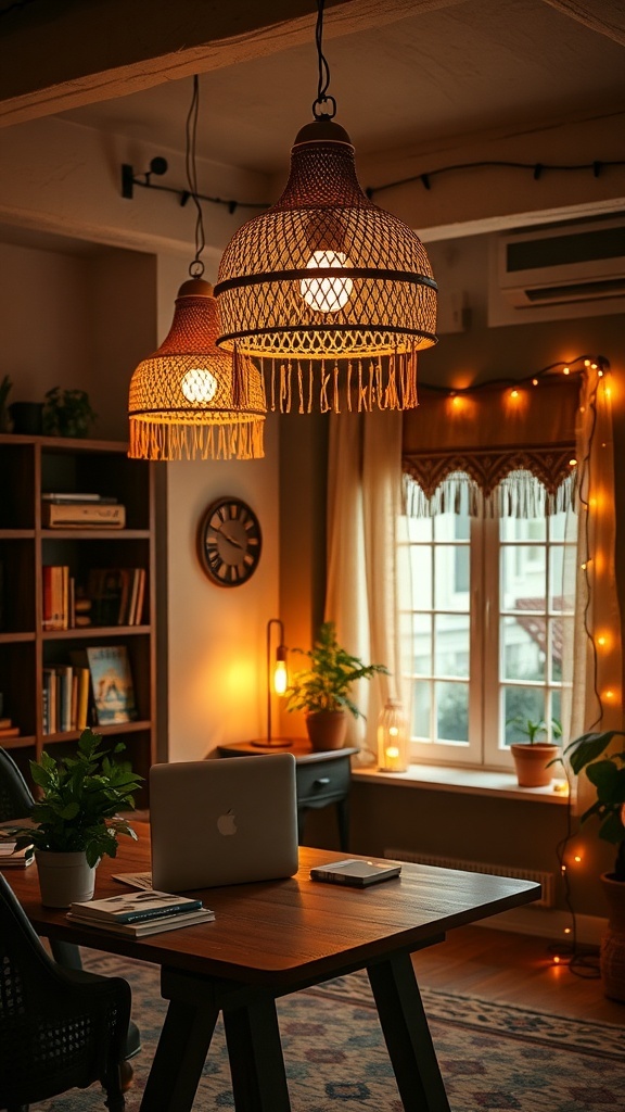A cozy boho office with unique lighting fixtures hanging from the ceiling.