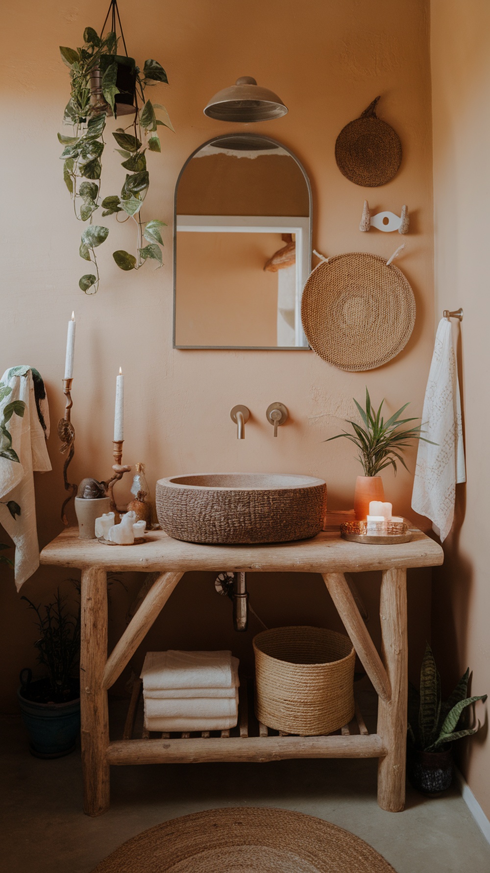 A boho bathroom featuring a unique round sink, wooden vanity, and earthy decor elements.