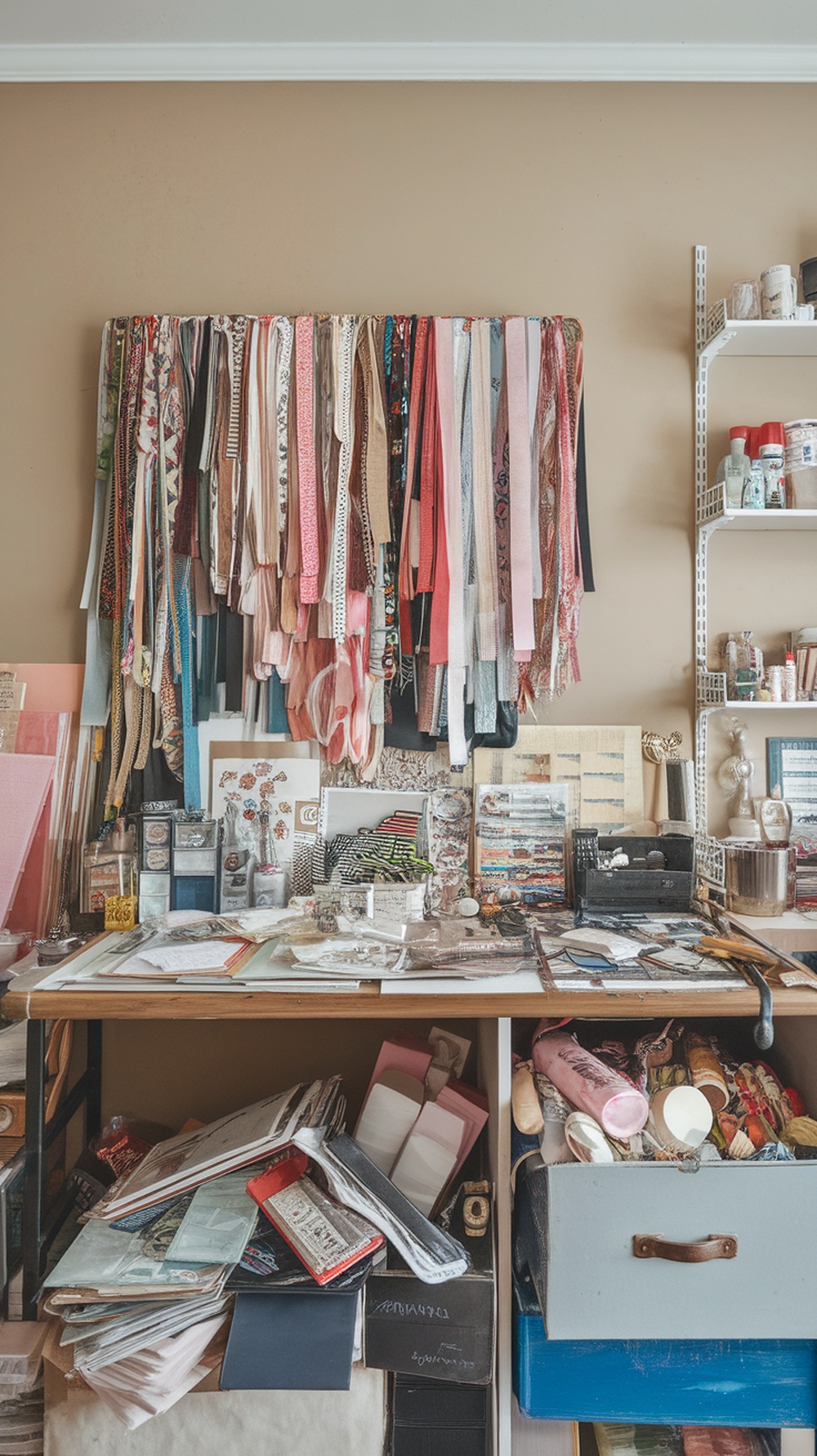 A cluttered workspace filled with various craft supplies including ribbons, papers, and tools.