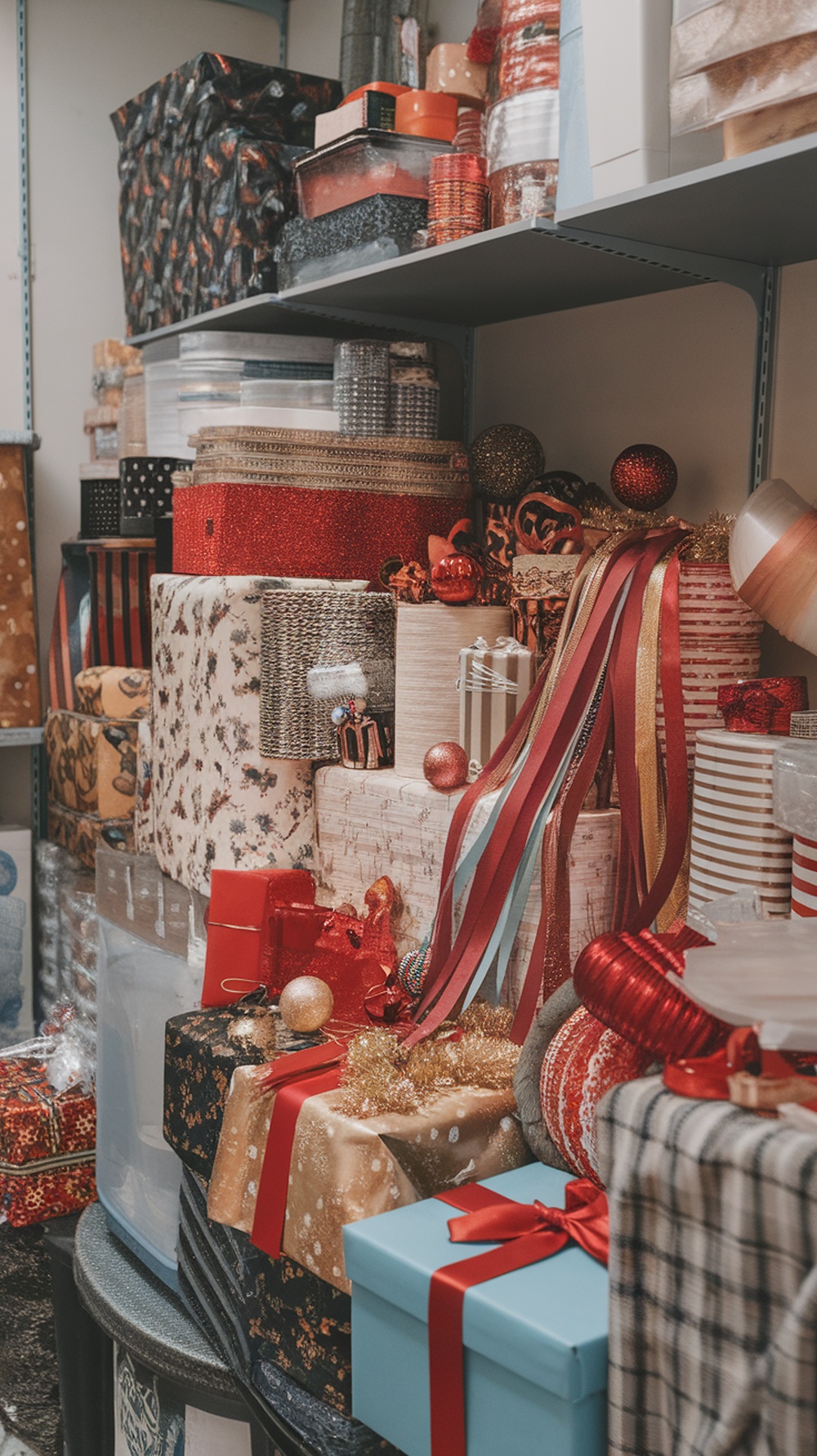 A cluttered shelf filled with various gift wraps, ribbons, and decorative supplies.