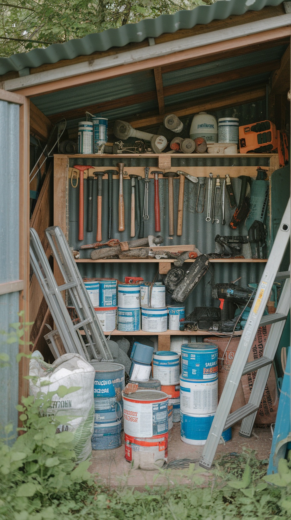A cluttered shed filled with various home improvement tools and supplies.