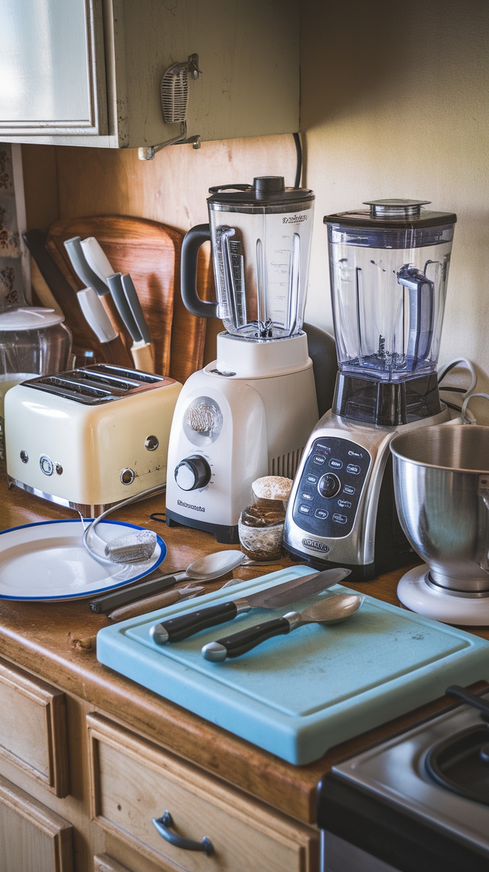 A cluttered kitchen countertop with various unused kitchen gadgets including blenders, a toaster, and a mixer.