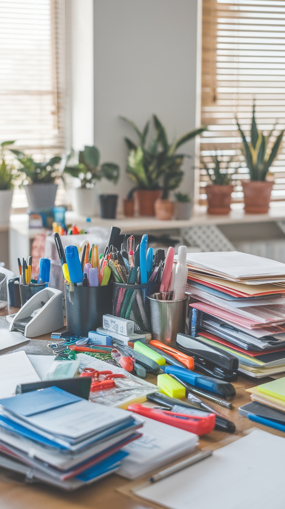A cluttered office desk filled with various office supplies like pens, papers, and plants.