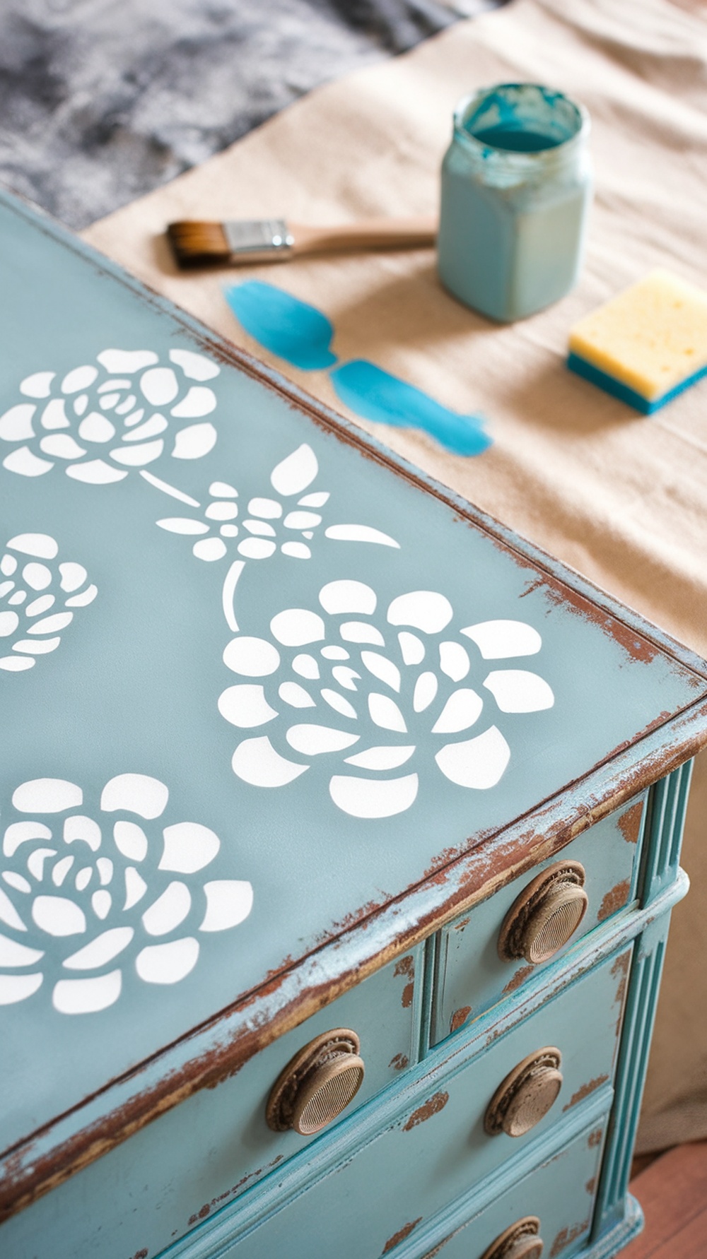 A close-up of a painted furniture piece with floral stencils and paint supplies.