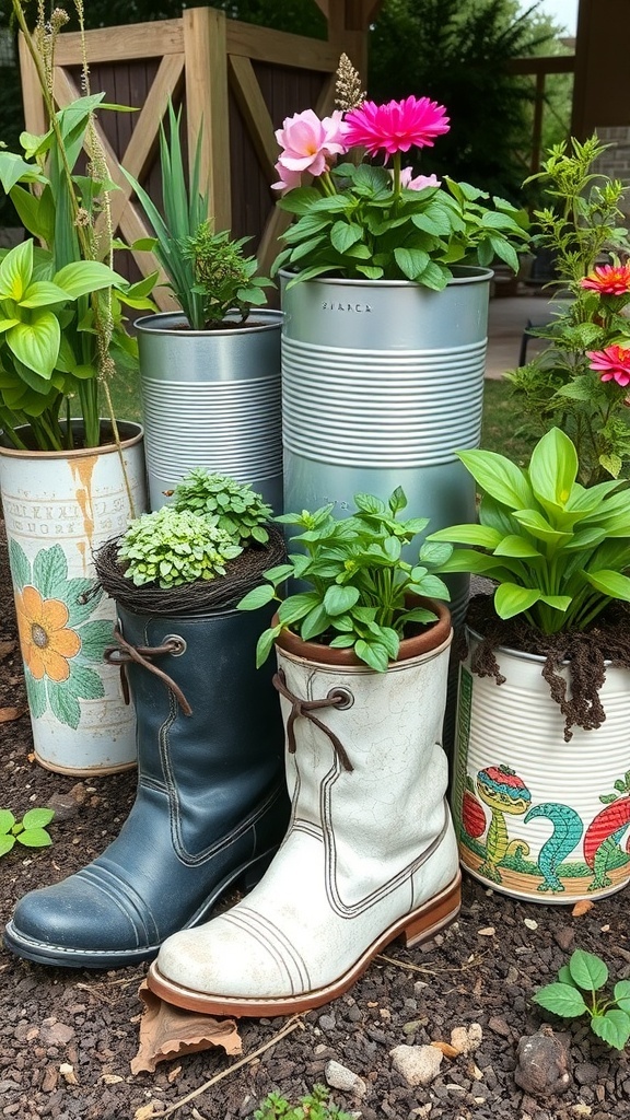 A collection of upcycled garden containers including rubber boots and tin cans filled with colorful flowers and plants.