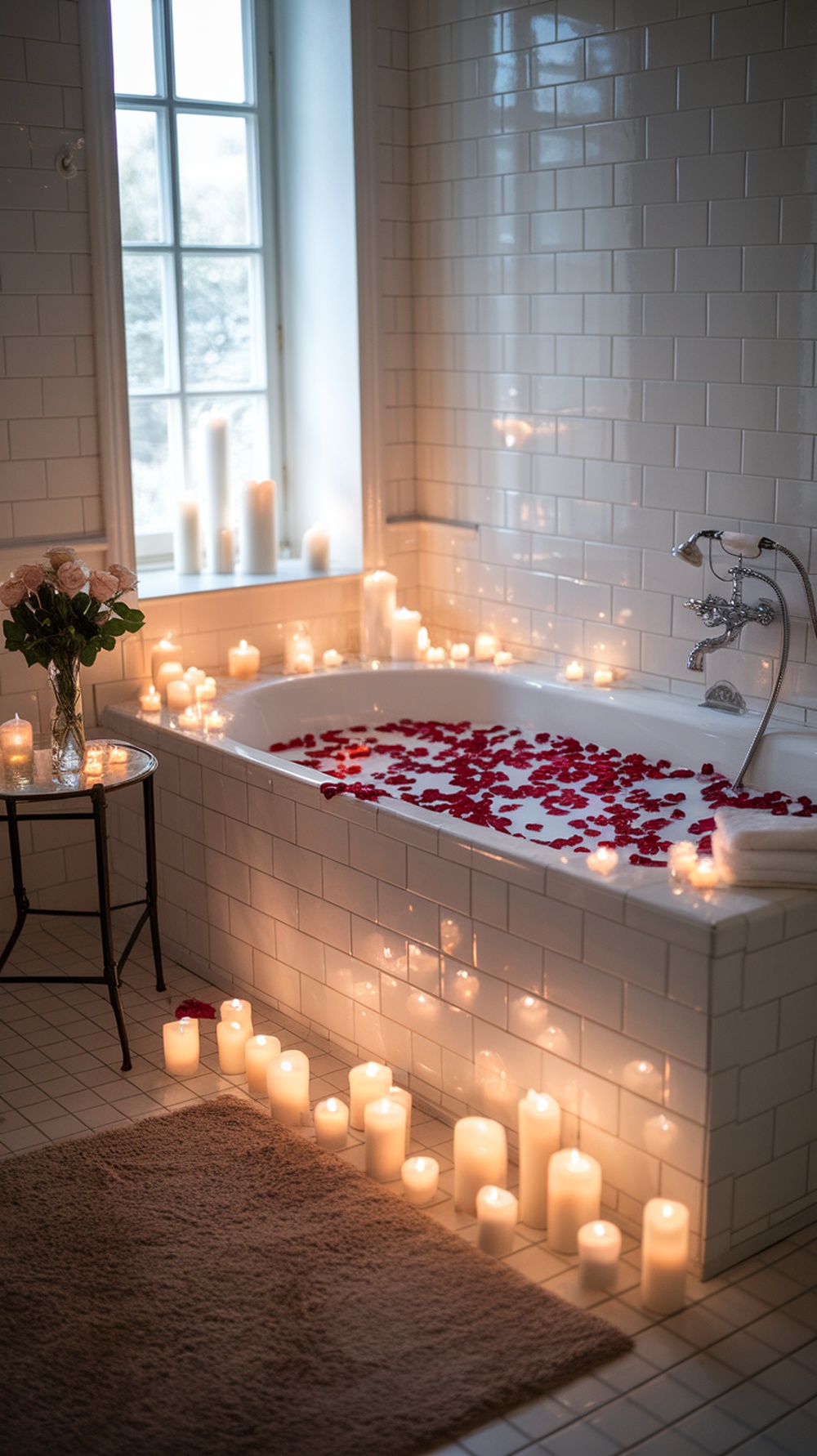 A serene bathroom with a bathtub filled with rose petals and lit candles, creating a relaxing atmosphere.
