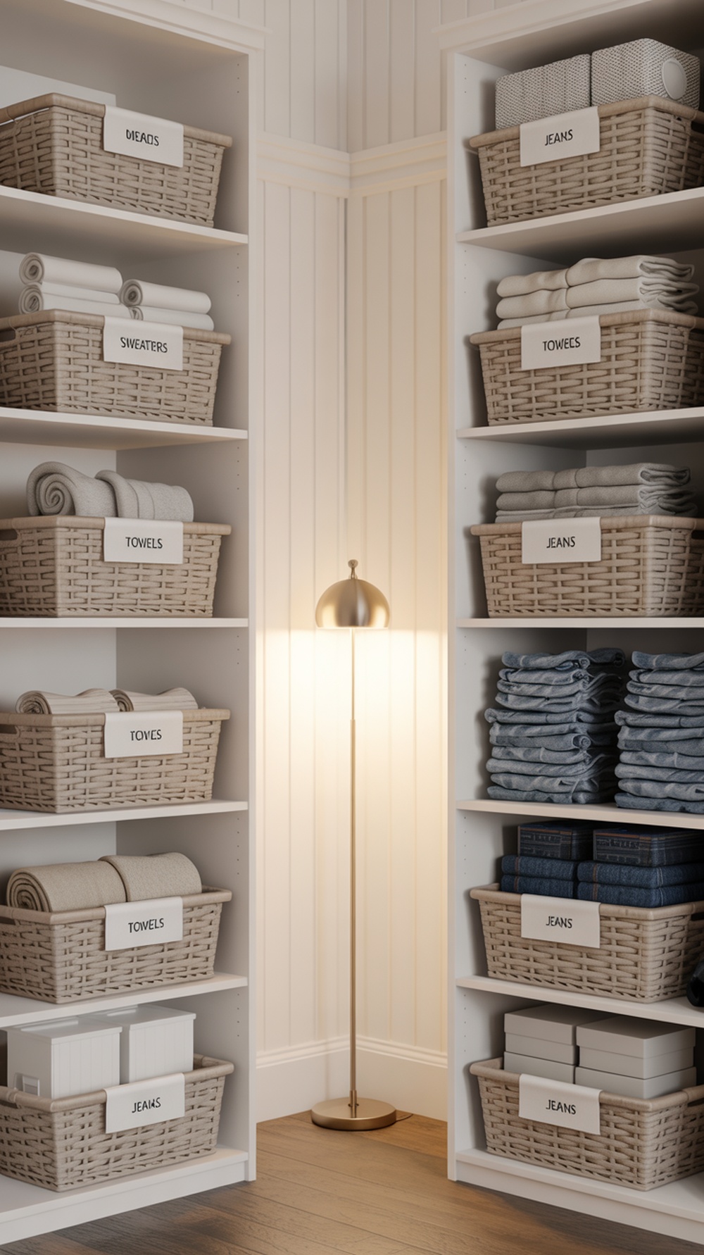 A well-organized closet with labeled baskets for clutter control.