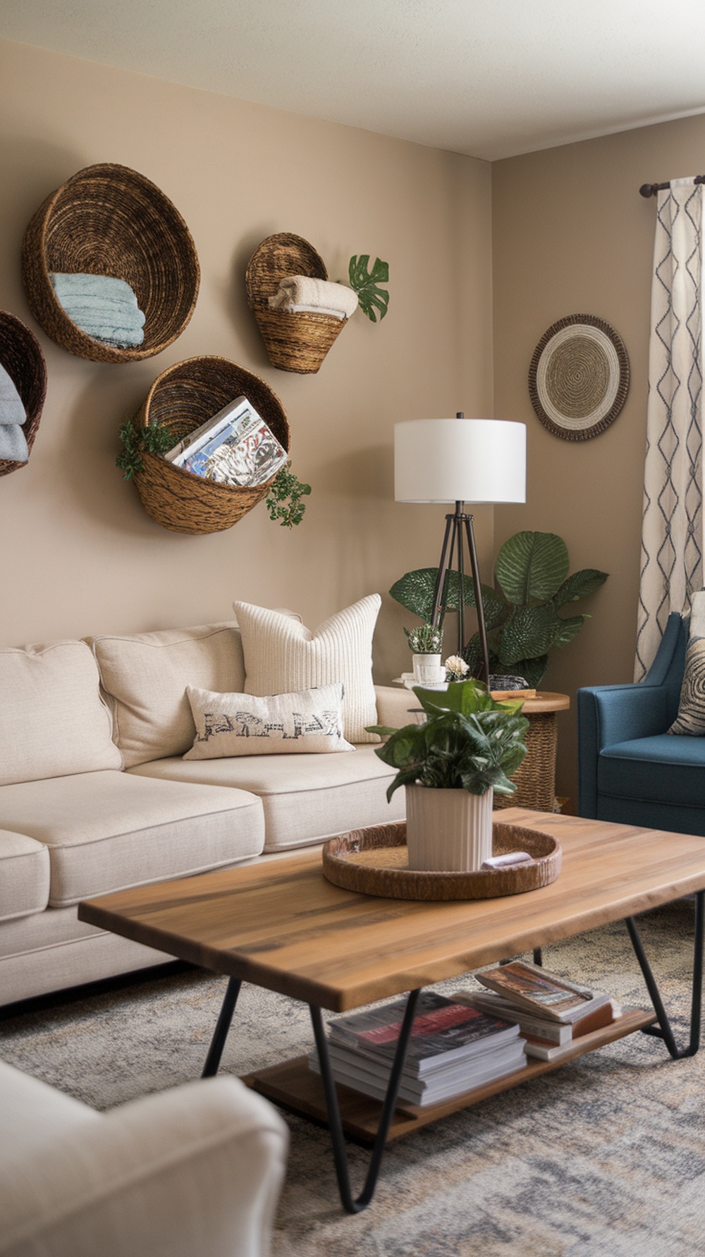 A cozy living room with woven baskets on the wall, holding towels and magazines.