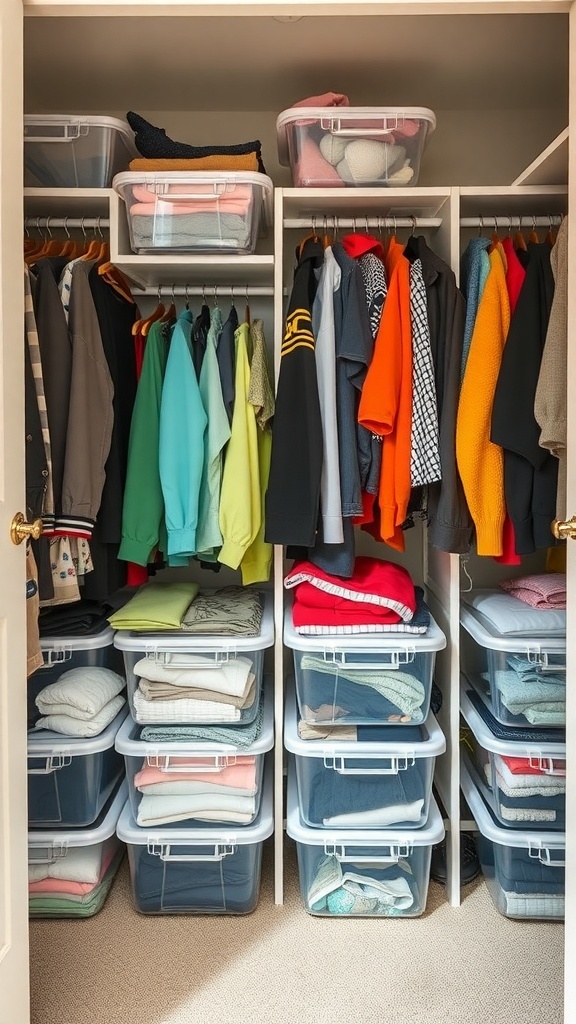 A well-organized closet featuring clear storage bins filled with neatly folded clothes.
