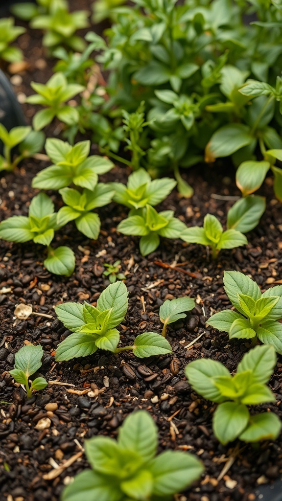 Green plants growing in soil with coffee grounds mixed in