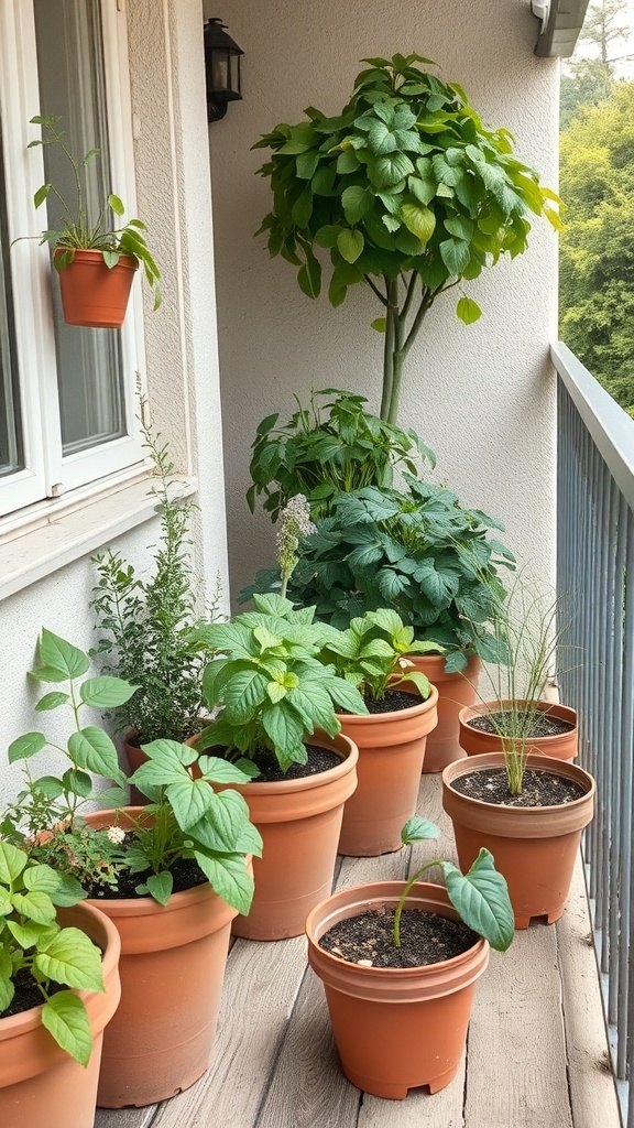 A balcony garden with various plants in terracotta pots, showcasing a space-saving approach to growing fermentation crops.