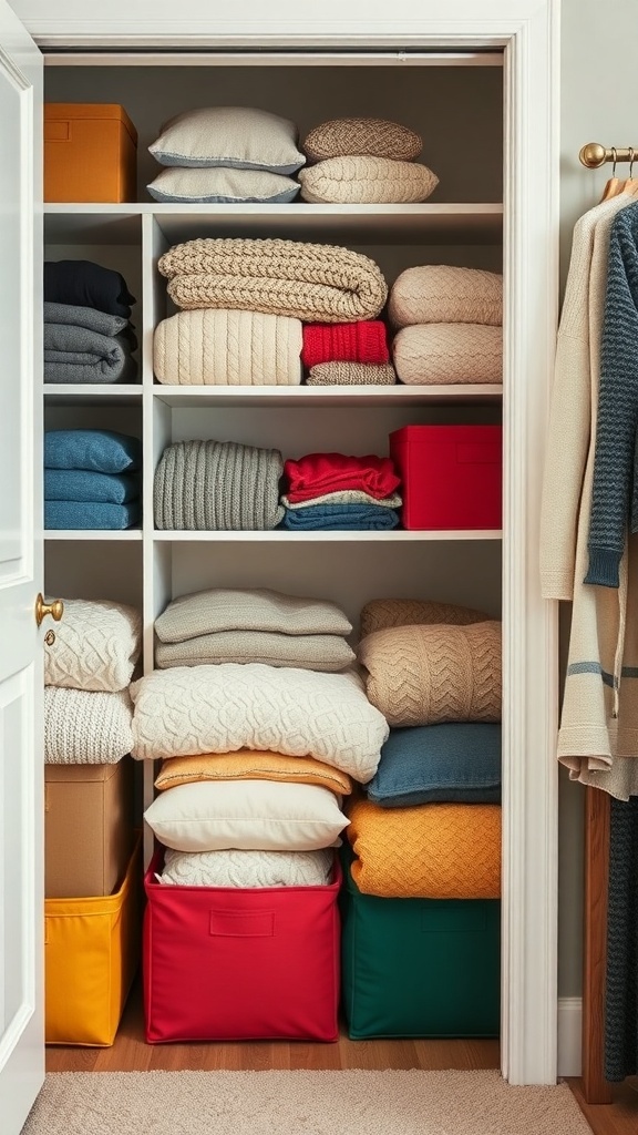 A neatly organized closet with fabric storage cubes in various colors, holding soft items like blankets and sweaters.
