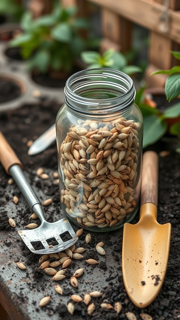 A jar of seeds on a wooden table with gardening tools and soil around it.