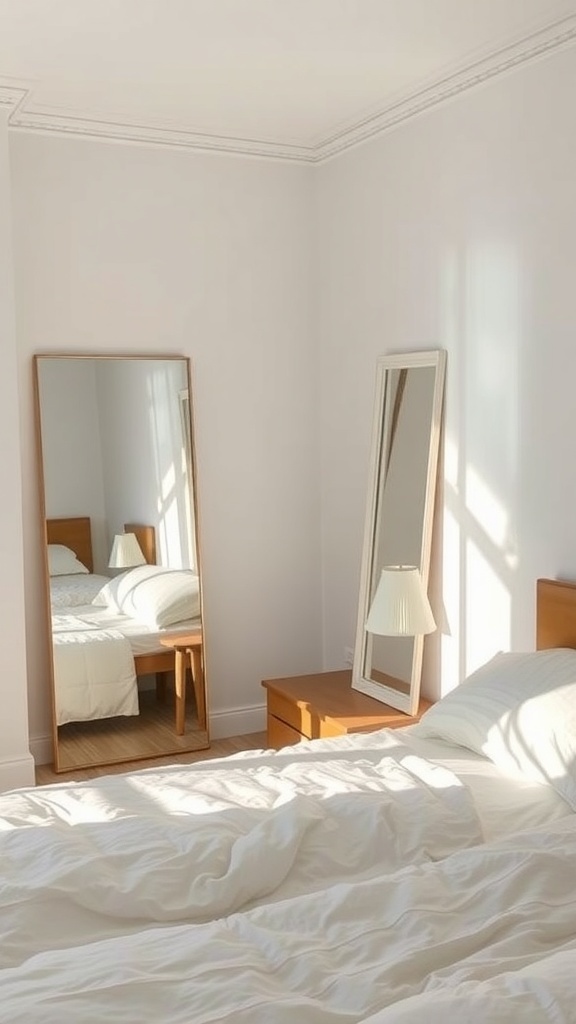 A cozy bedroom with two tall mirrors reflecting light, creating a spacious feel.