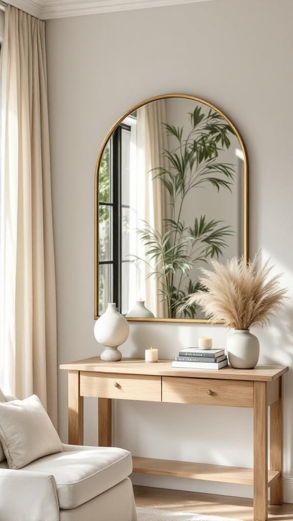 A cozy living room with a large mirror reflecting light and space.