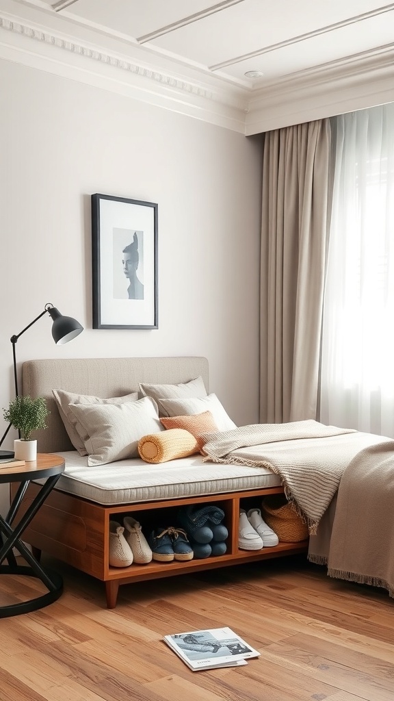A cozy bedroom featuring a bed with built-in storage underneath, showcasing shoes and rolled blankets, alongside a stylish side table.