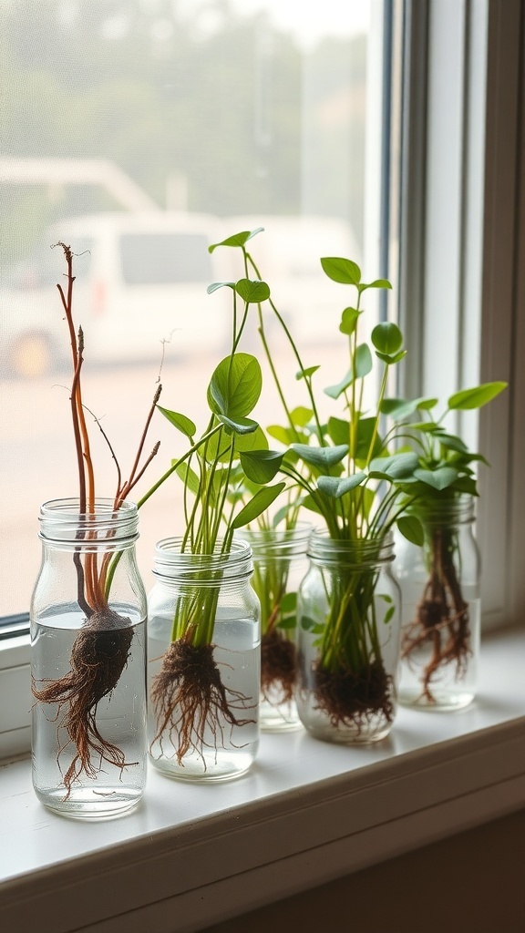 Jars with plant cuttings in water, showing roots developing.
