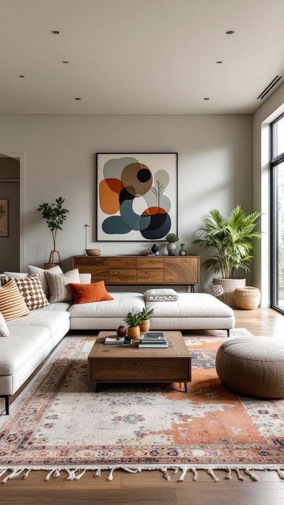 A cozy living space with various rugs defining different areas.
